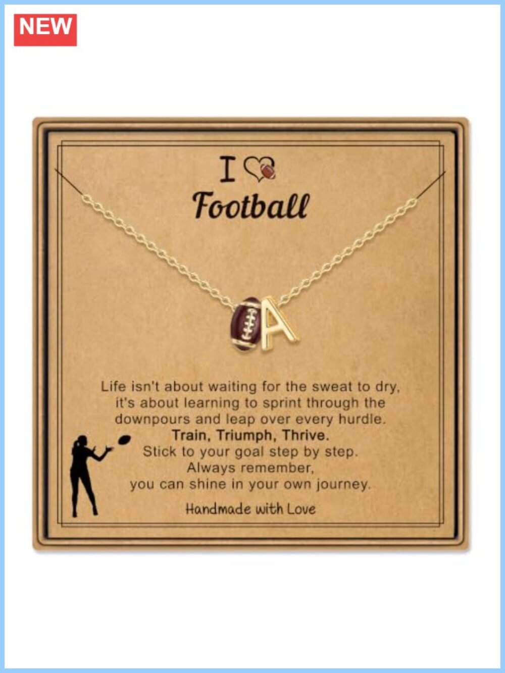 14K Gold Plated Sports Initial A-Z Pendant Necklace, Soccer Football Softball